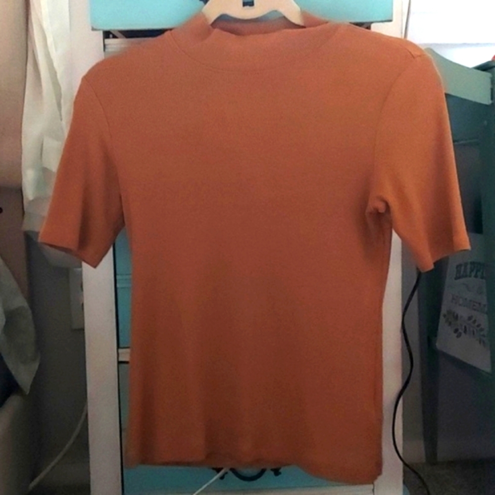 Joie brown mock neck short sleeve ribbed lightweight sweater size XL